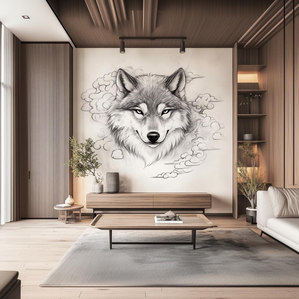Wolf Wall Decal | Artistic Pencil Sketch Vinyl Mural | Majestic Animal Wall Art | Modern Living Room Bedroom Decor | Peel & Stick