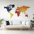 Gradient world map wall decal in modern living room with white sofa and plants, stylish and minimalist home decor.