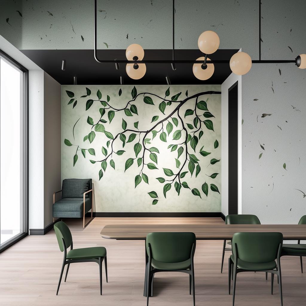 Modern living space with green leaf wall decal, featuring a botanical vine mural in stylish office decor.