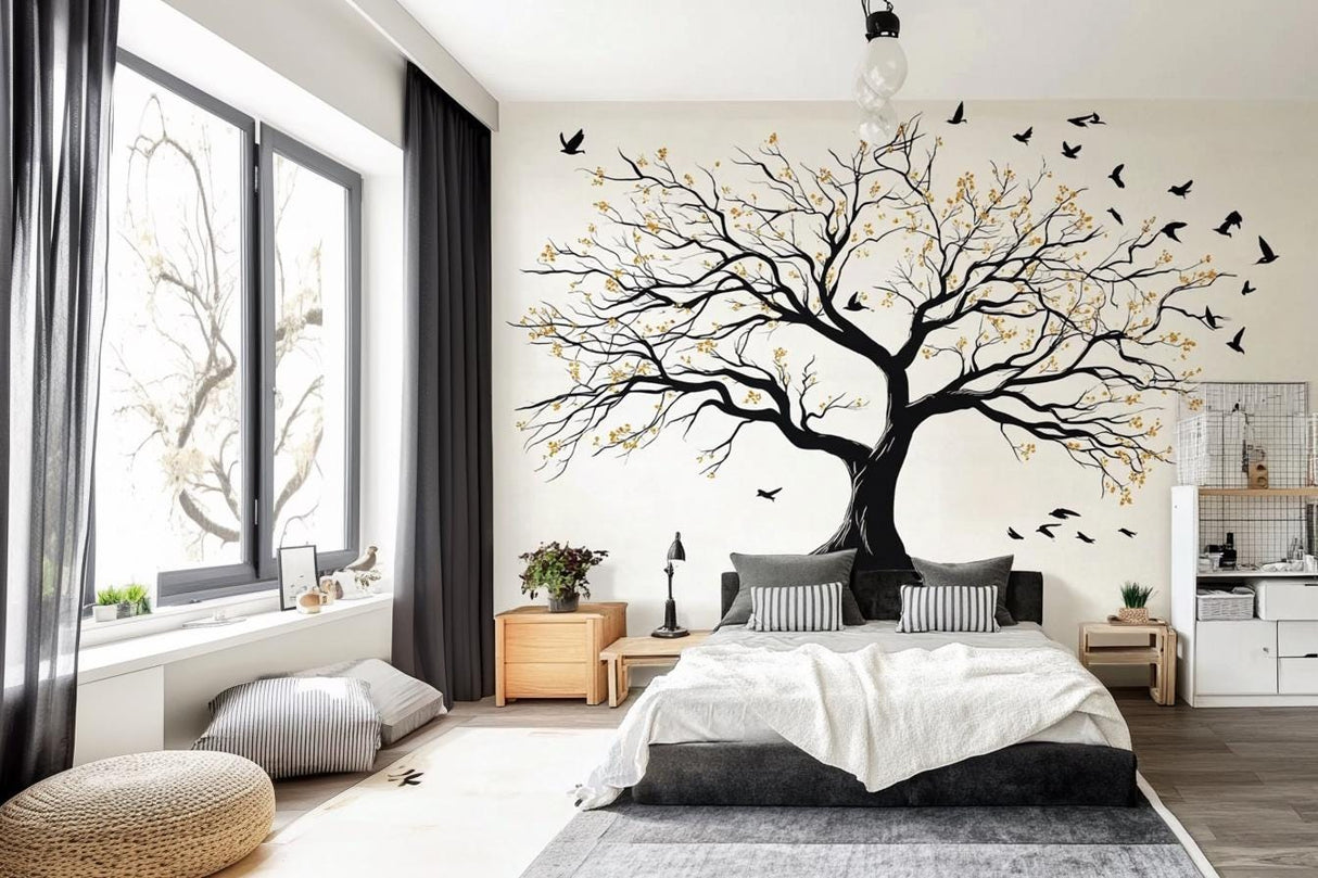 Large Tree Wall Decal | Elegant Nature Inspired Vinyl Mural | Bedroom and Living Room Wall Art | Birds Branches Peel & Stick Sticker