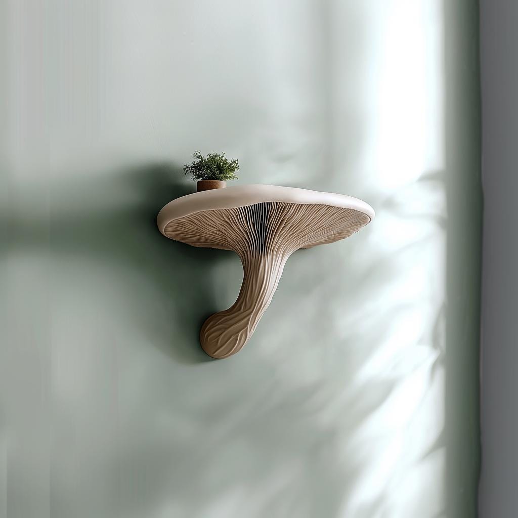 3D printed mushroom shelf wall decor with small plant on floating shelf against a light green wall.