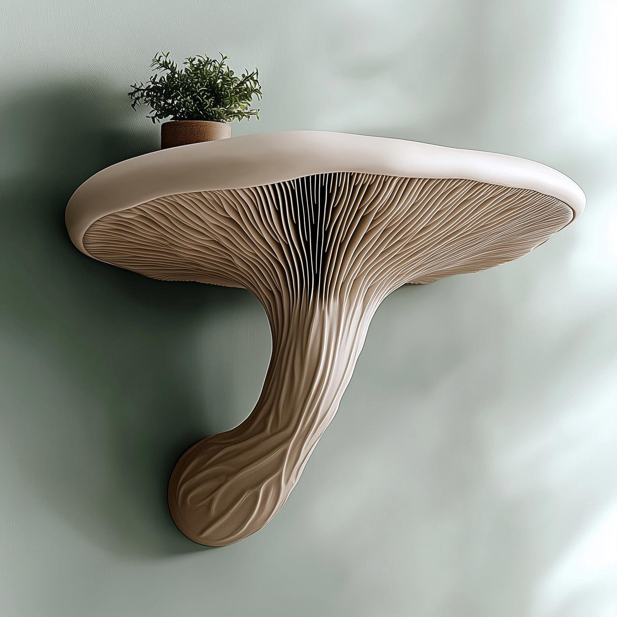 3D printed mushroom floating wall shelf with a potted plant, showcasing nature-inspired home decor design.