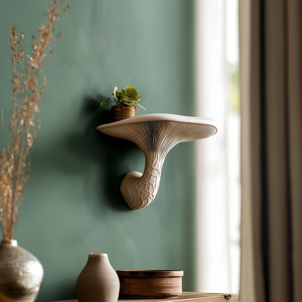 3D printed mushroom wall shelf with a plant, showcasing nature-inspired decor and modern craftsmanship.