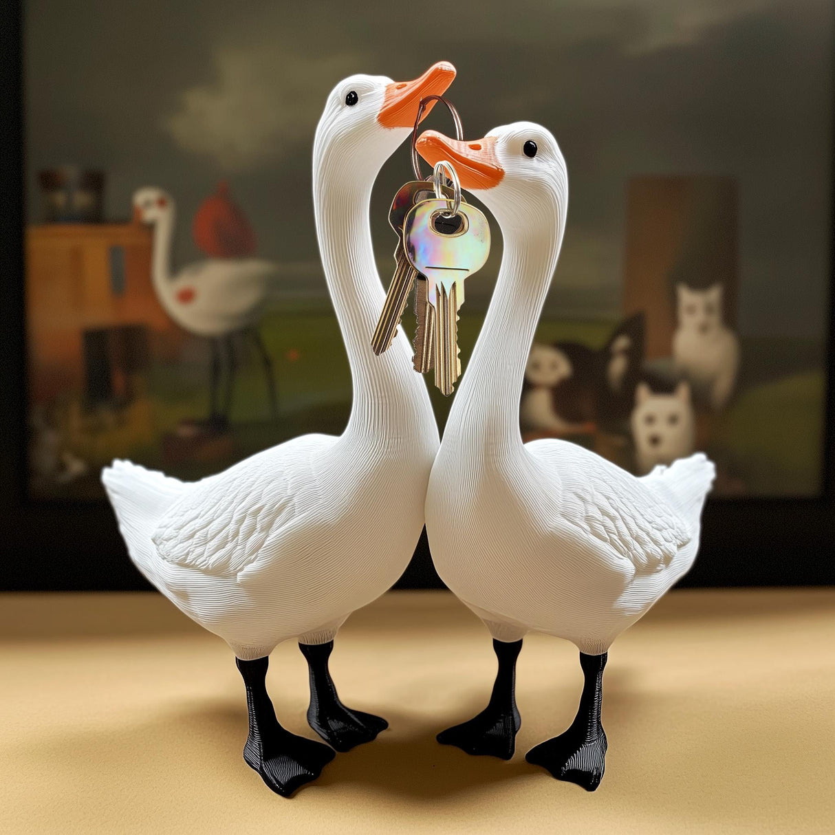 3D printed goose key holder displaying keys held by geese, quirky farmhouse decor perfect for organizing keys.
