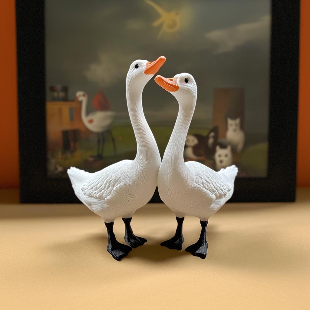 Two adorable 3D printed goose figurines designed as a key holder, perfect for home decor.