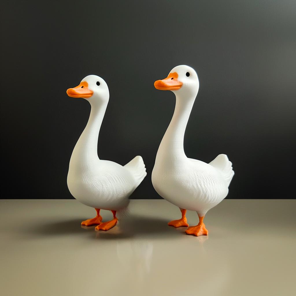 Two 3D printed goose key holders in white and orange, perfect for organizing keys in a fun farmhouse style.