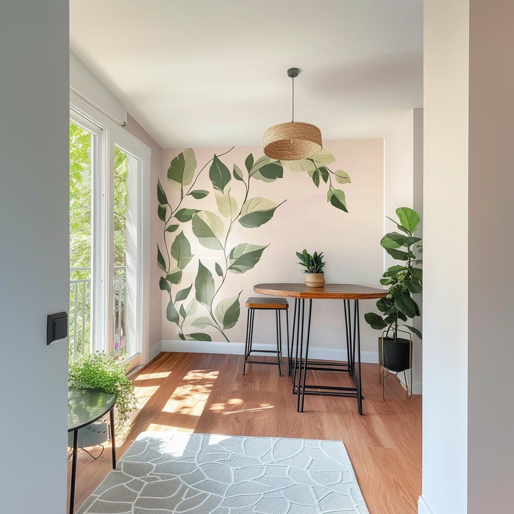 Bright dining room with green leaf wall decal, modern decor, and natural light.