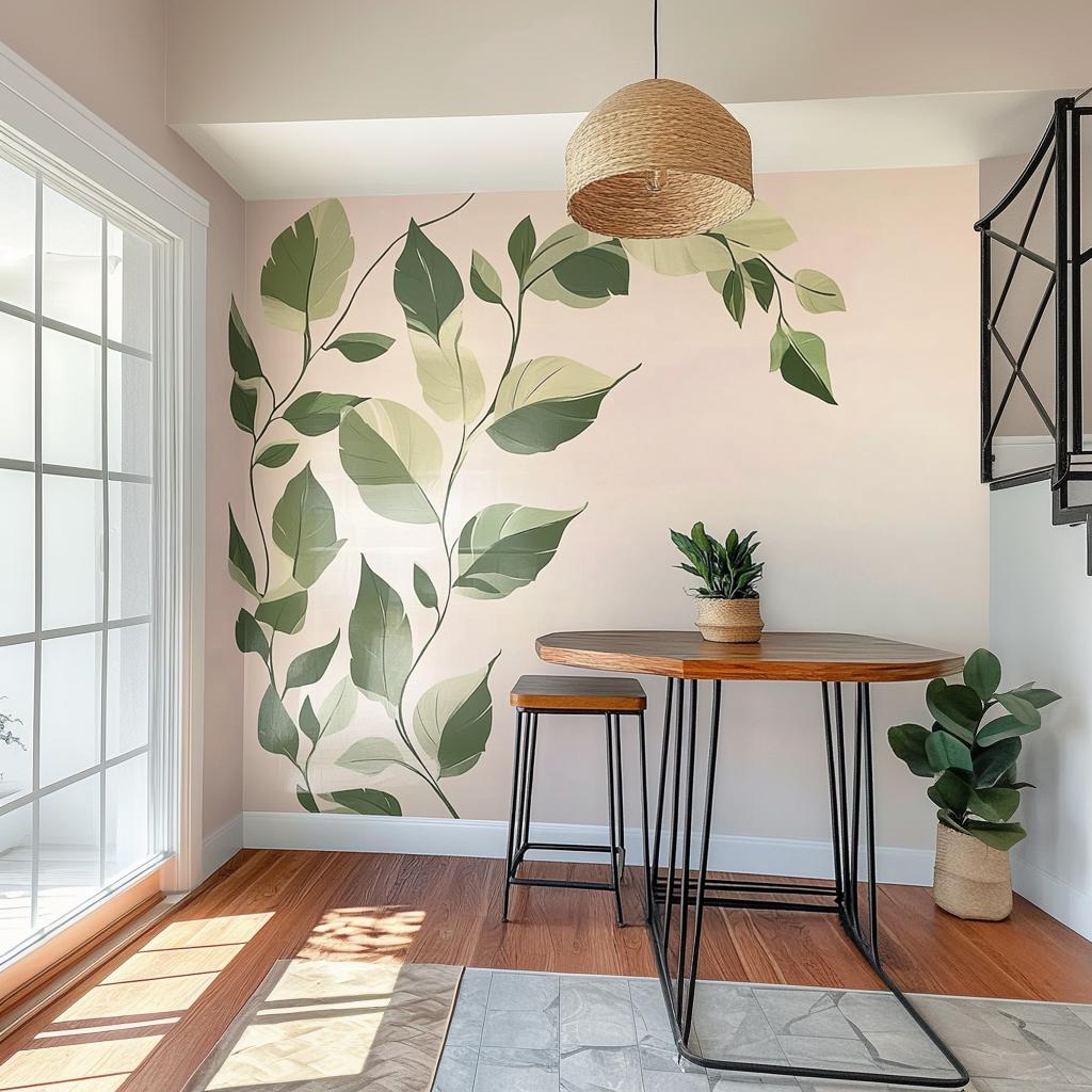 Botanical wall decal sticker with green leaves in a bright dining area, enhancing modern home decor.