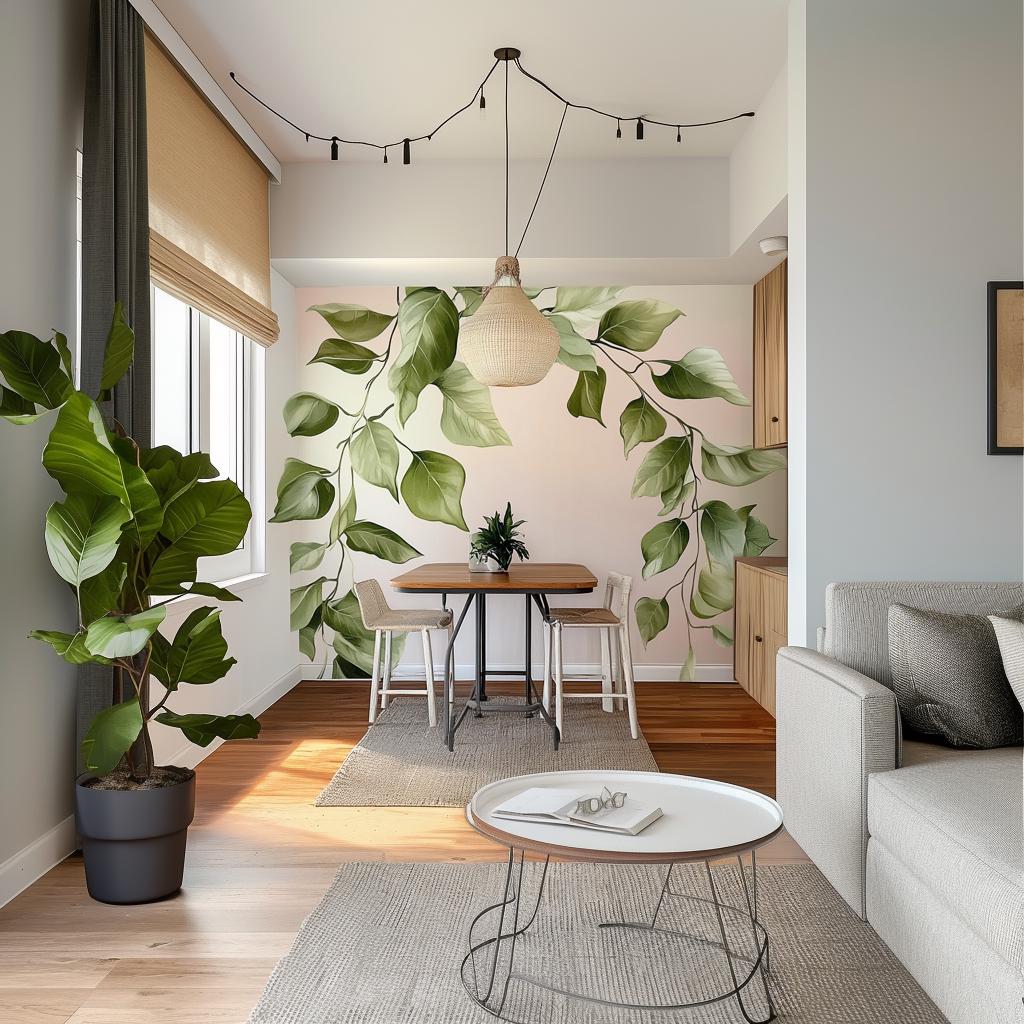 Cascading leaf wall decal in a bright living room, enhancing decor with lush greenery and natural ambiance.