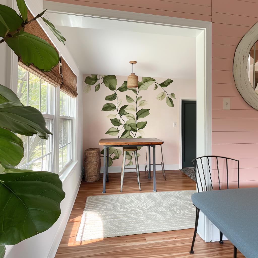 Interior view of a room with vertical leaf wall decal, wooden table, and natural light.