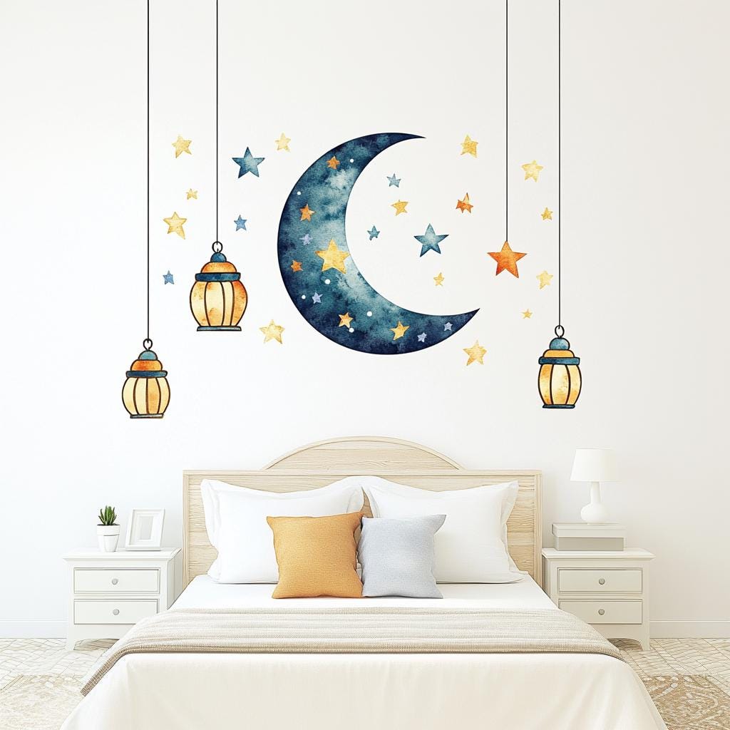 Moon and Stars Wall Decal Sticker Set | Celestial Nursery Wall Art | Removable Moon Wall Sticker with Lanterns | Kids Room Wall Decor