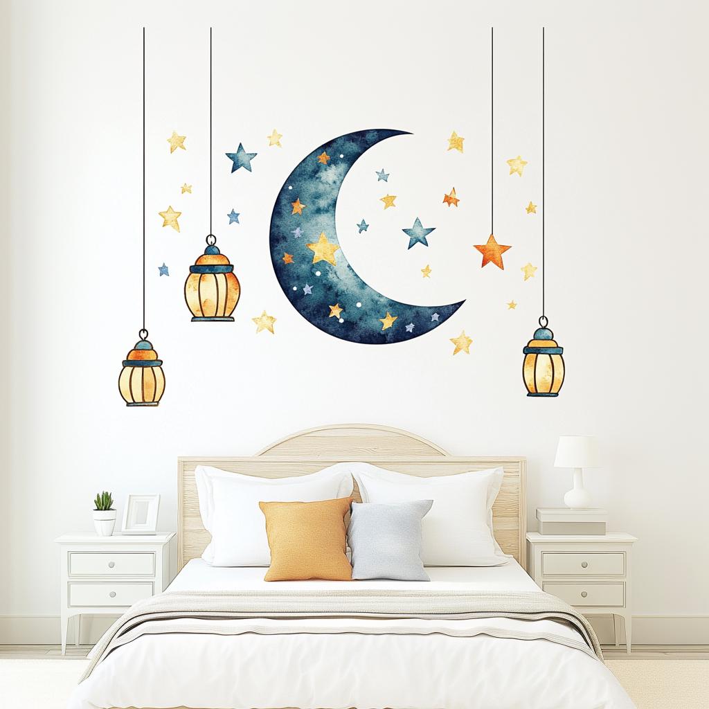 Moon and Stars Wall Decal Sticker Set | Celestial Nursery Wall Art | Removable Moon Wall Sticker with Lanterns | Kids Room Wall Decor