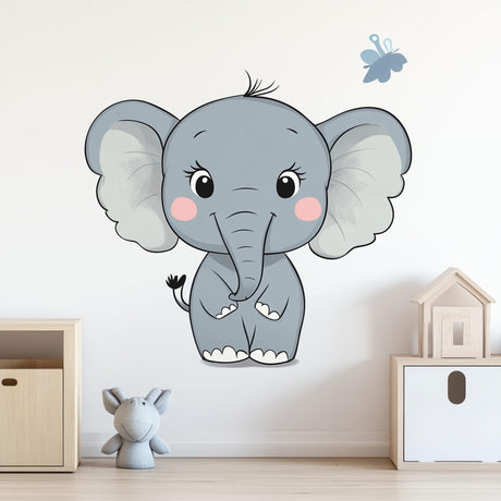 Cute cartoon elephant wall decal in a nursery setting, featuring pastel colors and a butterfly accent.