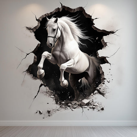 3D white horse wall sticker breaking through wall, realistic animal decor for living room or bedroom.