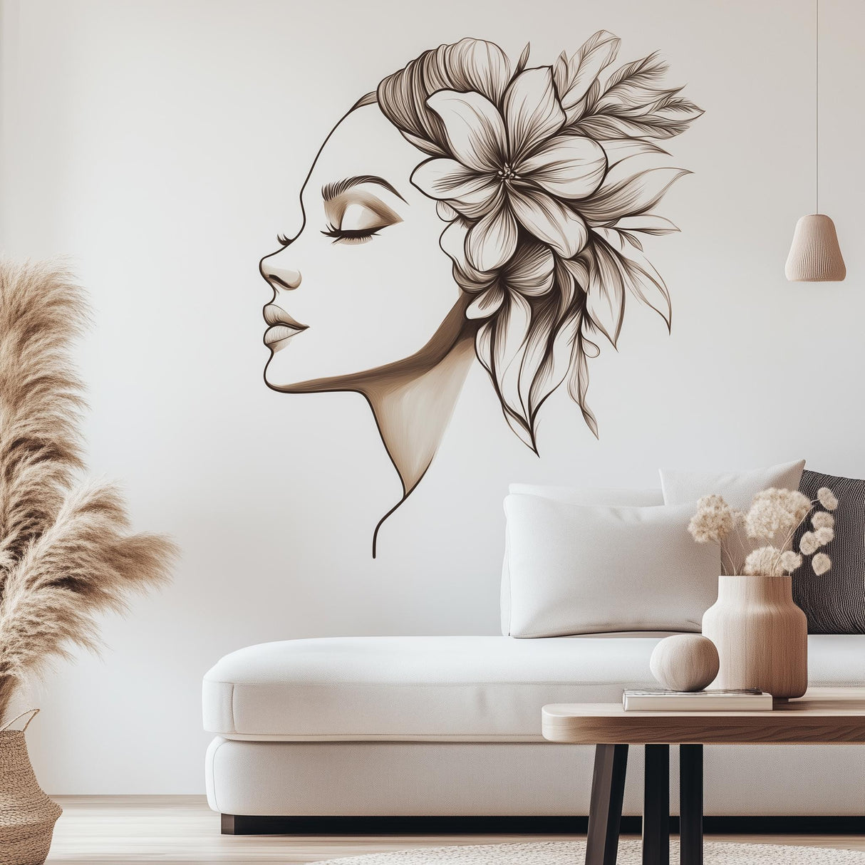 Floral woman wall decal in living room, featuring elegant profile and intricate floral design for modern boho decor.