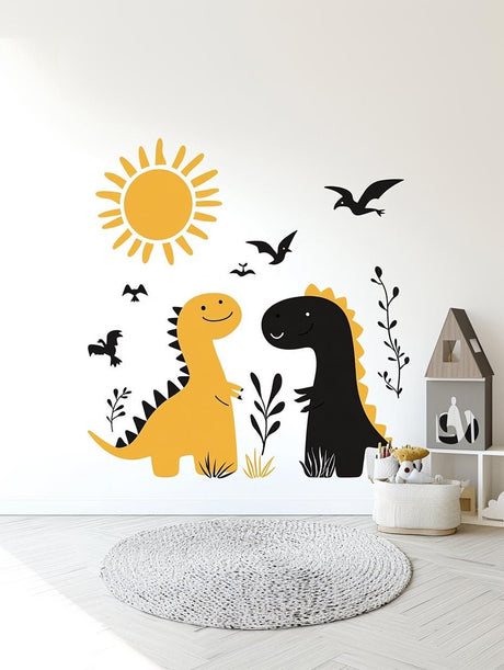 Dinosaur wall decal set featuring a yellow and black dinosaur, sun, and birds for kids' room decor.