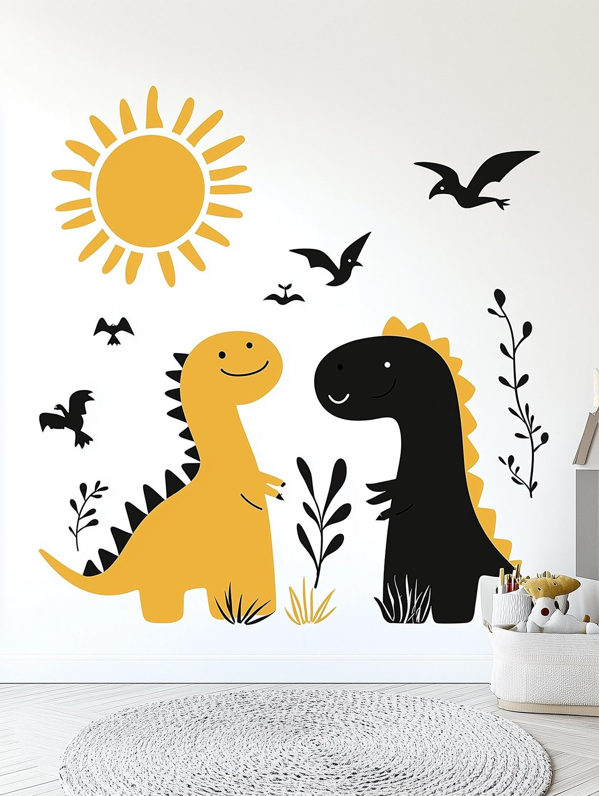Dinosaur Wall Decal Set | Cute Kids Room Wall Sticker Art | Removable Dinosaur Wall Sticker Playroom Nursery | Yellow and Black Dino Decor