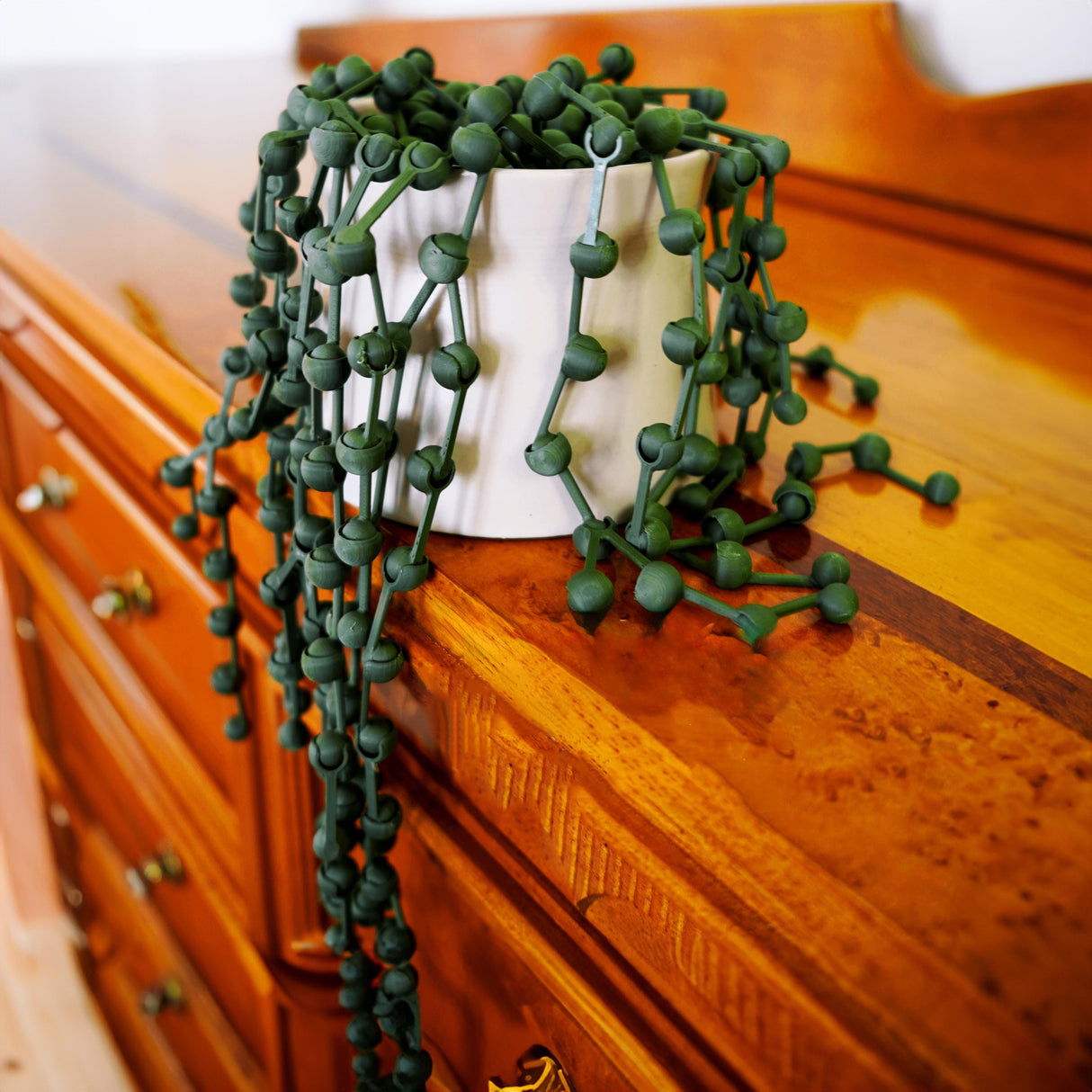 3D printed String of Pearls plant cascading over a white pot on a wooden surface, ideal for home decor.
