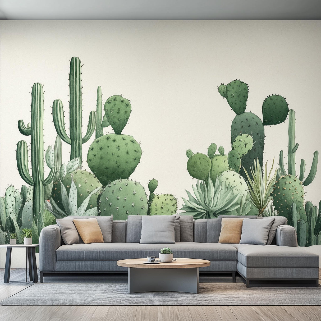 Watercolor cactus wall decal sticker in a modern living room with gray sofa and decorative pillows.
