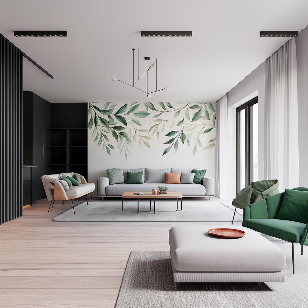 Modern living room featuring a leaf wall decal with watercolor greenery, stylish furniture and natural light.