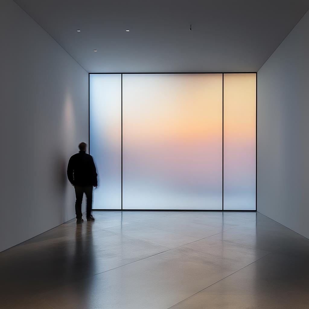 Man standing by a frosted glass window, showcasing elegant privacy and soft light diffusion in a modern space.