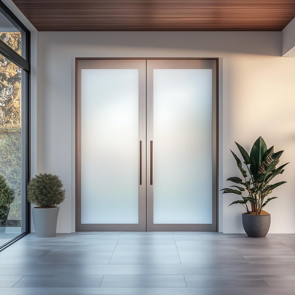 Elegant double doors with etched frosted vinyl film, offering privacy and modern aesthetics in a stylish indoor space.