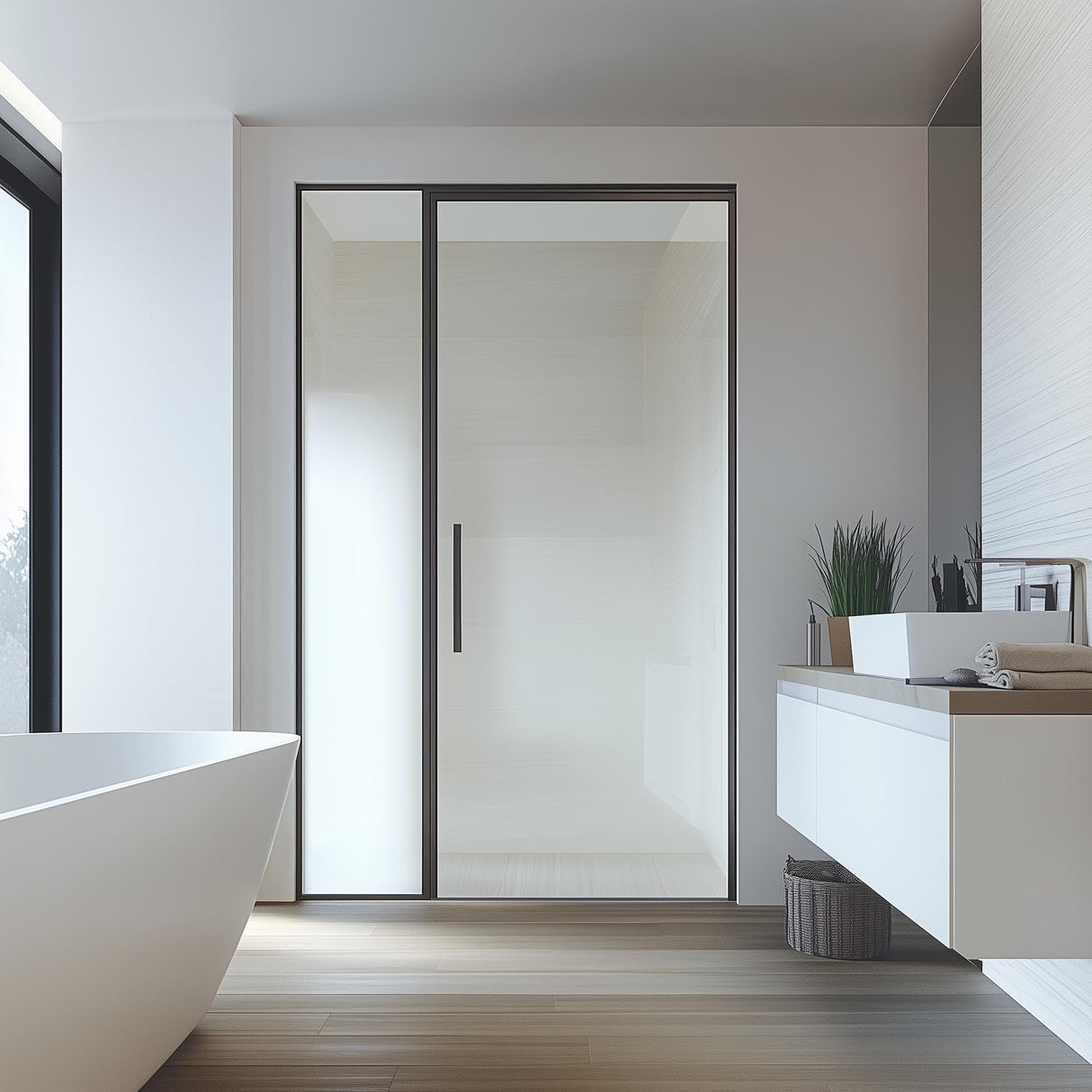 Modern bathroom with frosted glass shower door and minimalist design featuring a freestanding bathtub.