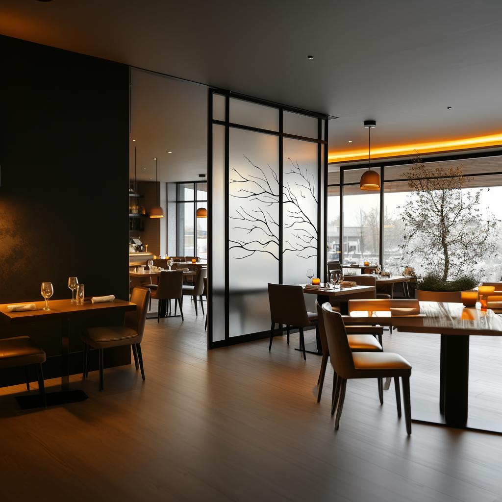 Stylish restaurant interior featuring frosted glass privacy film with tree branch design and elegant dining setup.