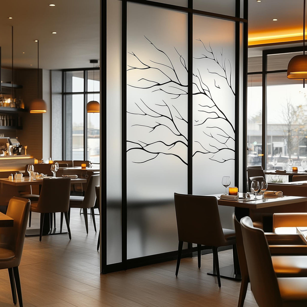 Frosted glass decal with tree branch design in modern restaurant, enhancing privacy and style.