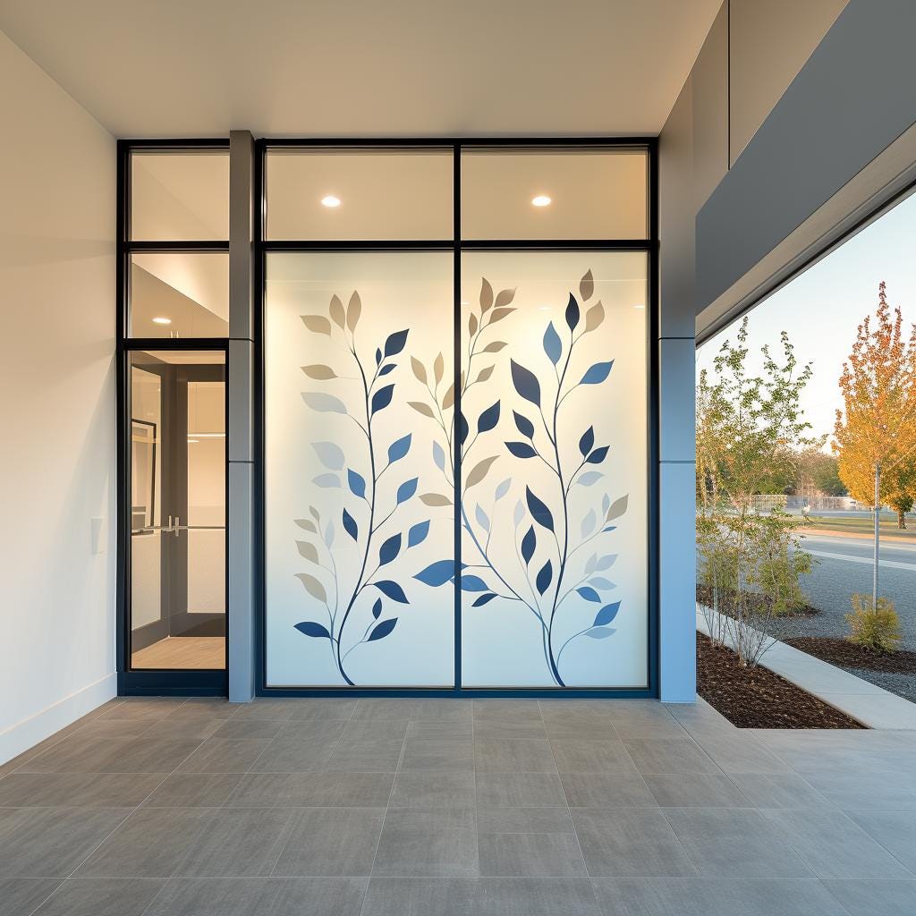 Frosted glass decal with multi-color leaf design on office doors, enhancing privacy and aesthetics.