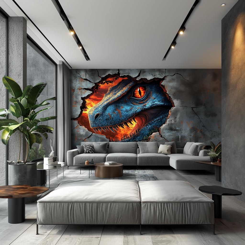 3D Dinosaur Wall Mural | Fierce Blue Raptor Wall Decal | Kids Dinosaur Room Decor | Jurassic Theme Sticker | Large Wall Art for Living Room