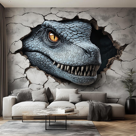 3D dinosaur wall mural featuring a hyper-realistic blue raptor emerging from a cracked wall in modern living room.