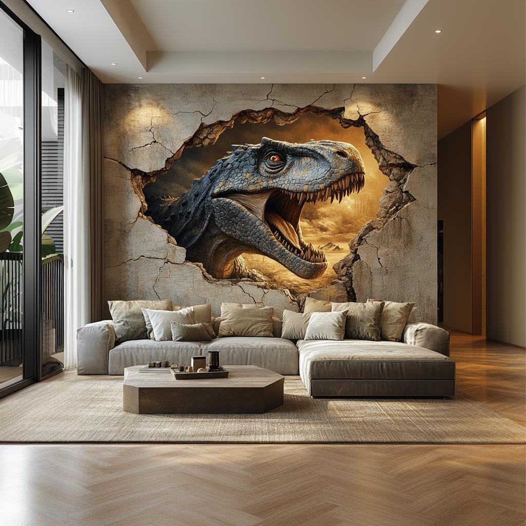 3D T-Rex Dinosaur Wall Mural | Jurassic Wall Art | Boys Room Decor | Large Dinosaur Sticker | Fierce Raptor Cracked Wall Decal | Kids Decor