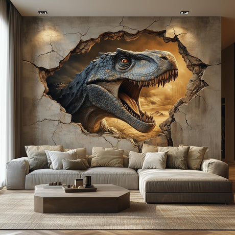 3D T-Rex Dinosaur wall mural bursting through cracked wall for boys' room or playroom decor.