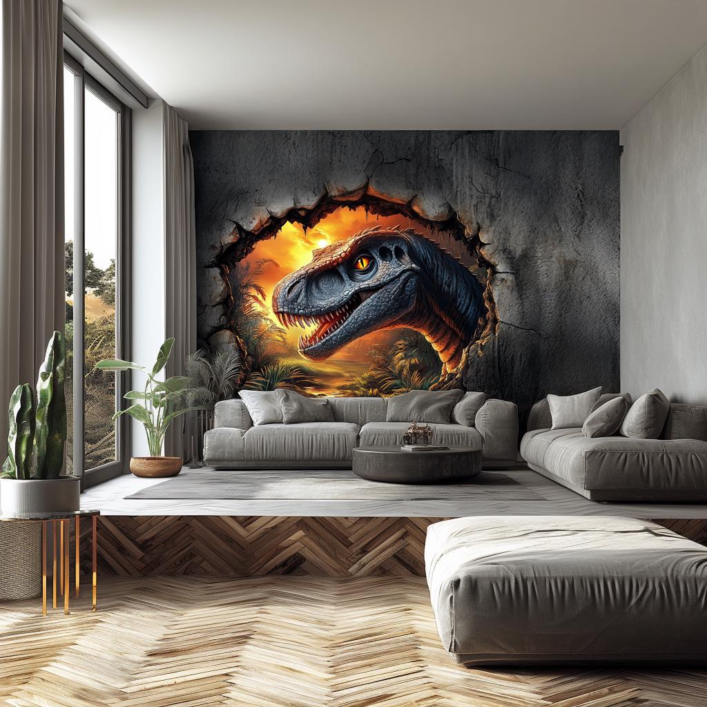 3D Dinosaur Wall Mural | Raptor Cracked Wall Decal | Sunset Jurassic Wall Art | Kids Room Dinosaur Decor | Prehistoric Dinosaur Wall Sticker