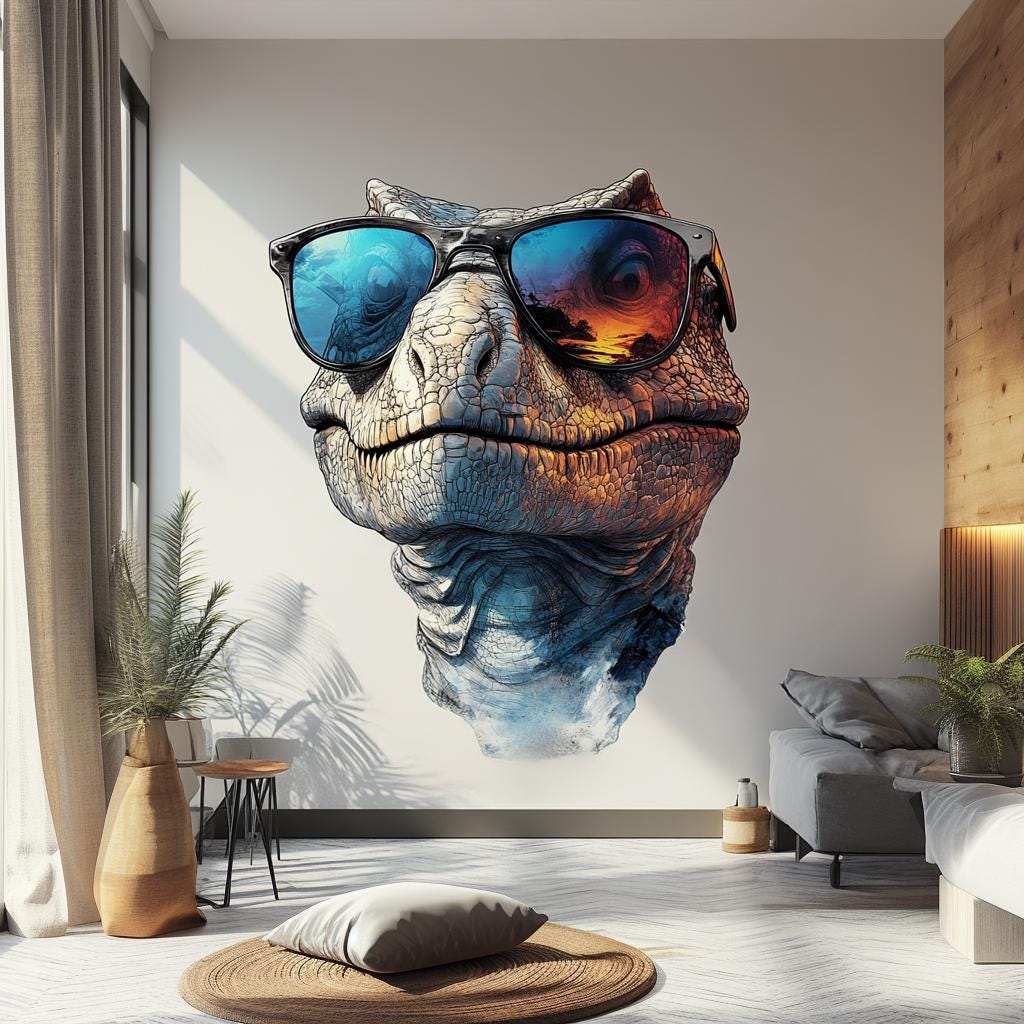 Cool Dinosaur Wall Decal | 3D Raptor with Sunglasses | Fun Jurassic Room Decor | Modern Dinosaur Sticker for Kids | Unique Wall Art for Boys