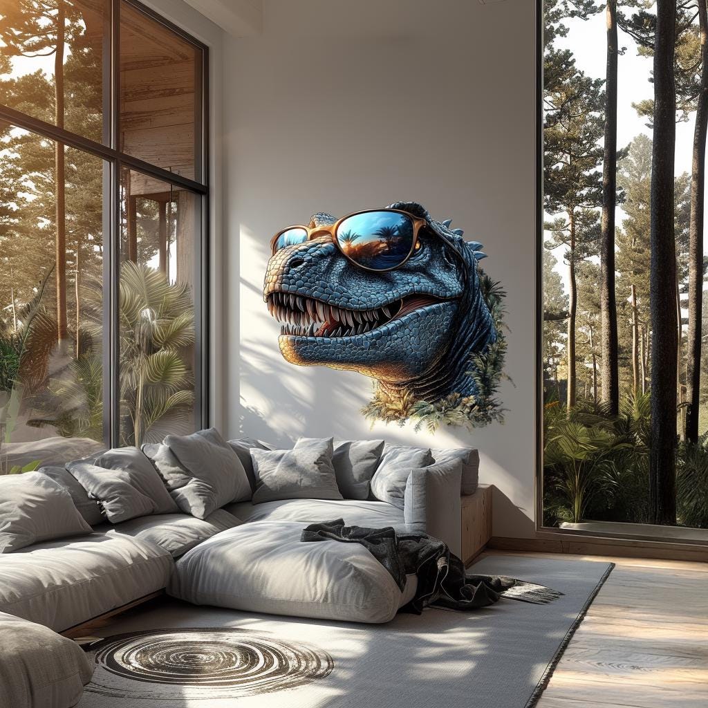 Dinosaur Wall Decal with Sunglasses | 3D Cool Raptor Art | Fun Jurassic Room Decor | Dinosaur Sticker for Kids & Adults | Trendy Wall Art