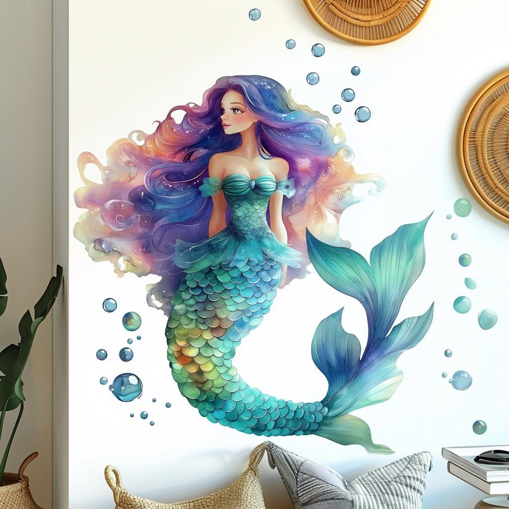 Beautiful Mermaid Wall Decal | Colorful 3D Ocean Theme Sticker | Girls Room Decor | Fantasy Vinyl Art for Kids Bedroom or Playroom