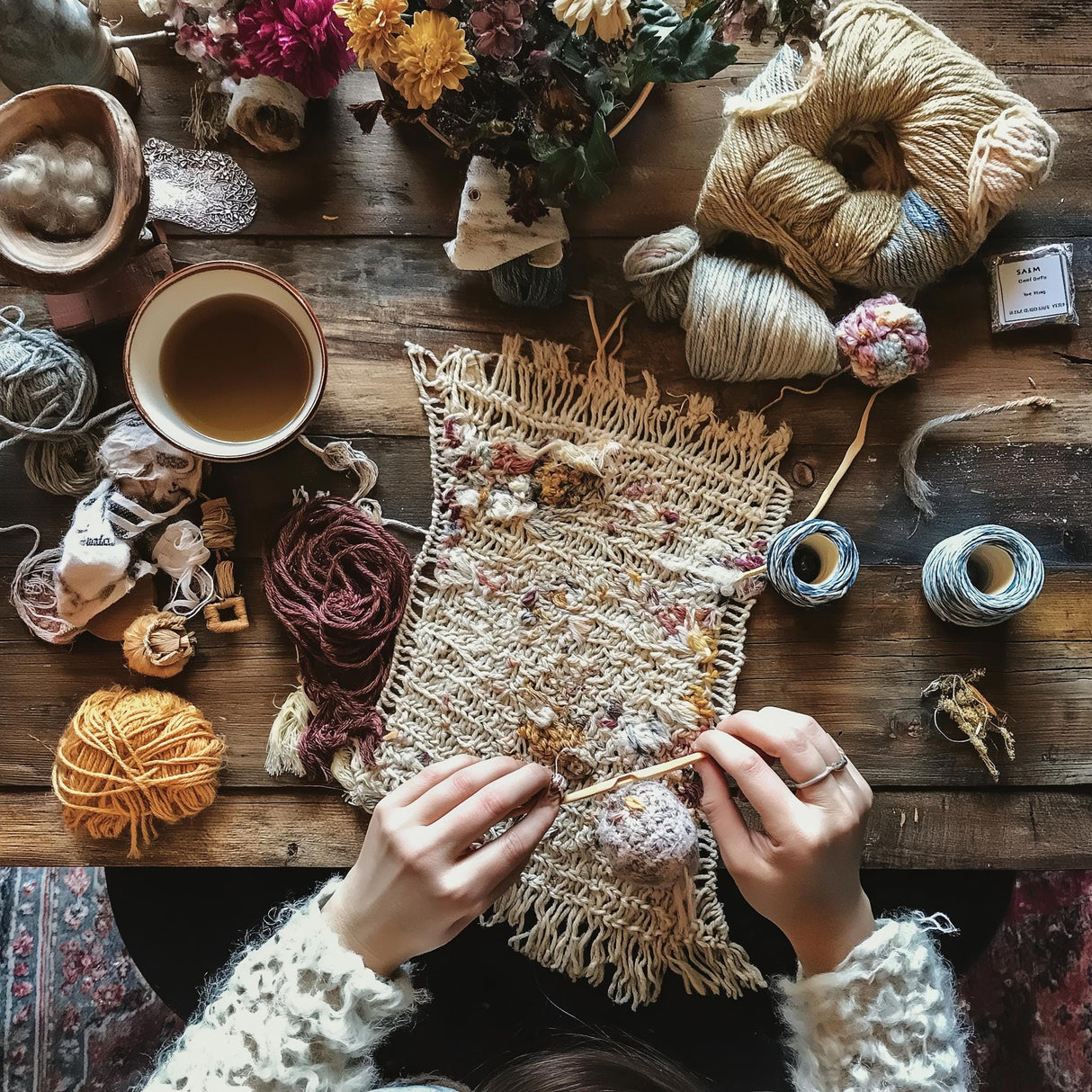 Hands crocheting a colorful yarn piece surrounded by various yarn balls and crafting supplies on a wooden table.
