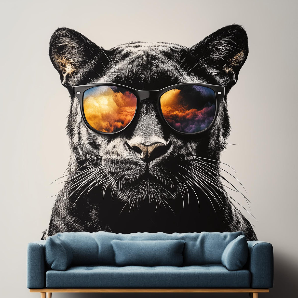 Bold black panther wall decal with sunglasses, urban jungle mural in modern living room decor.