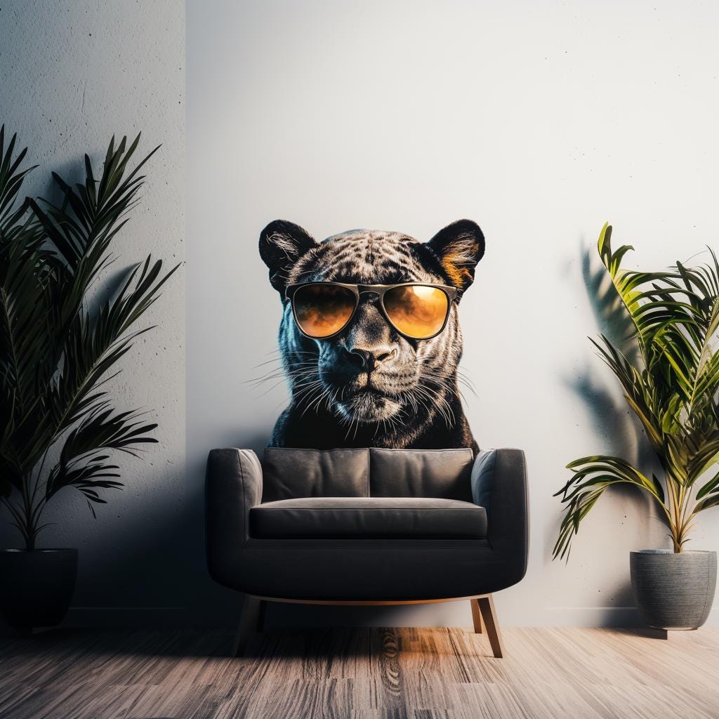 Black Panther Wall Decal | Cool Big Cat Mural with Sunglasses | Urban Jungle Vinyl Sticker | Modern Living Room Office Decor | Peel & Stick
