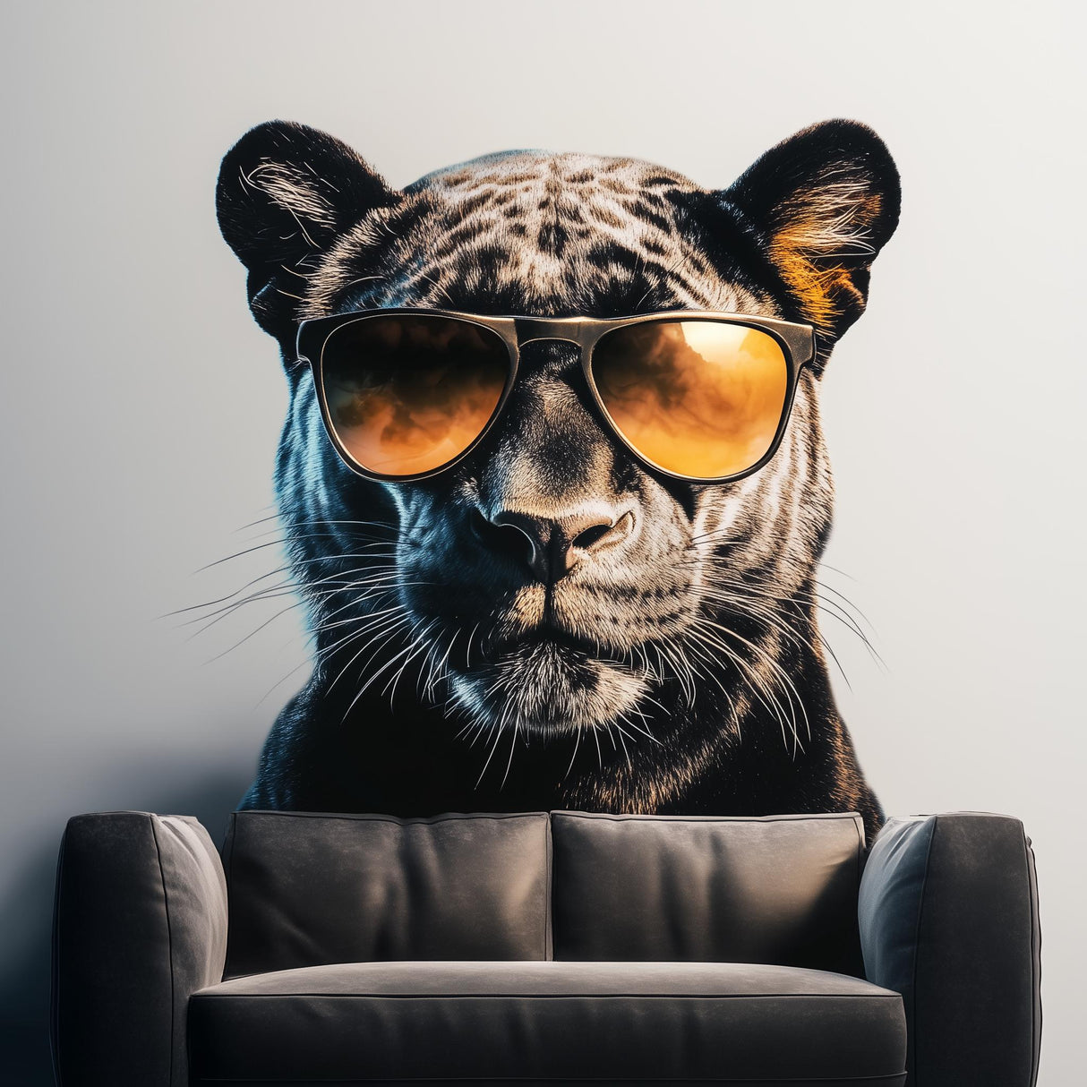 Striking black panther wall decal with sunglasses above a modern sofa, perfect for urban jungle decor.