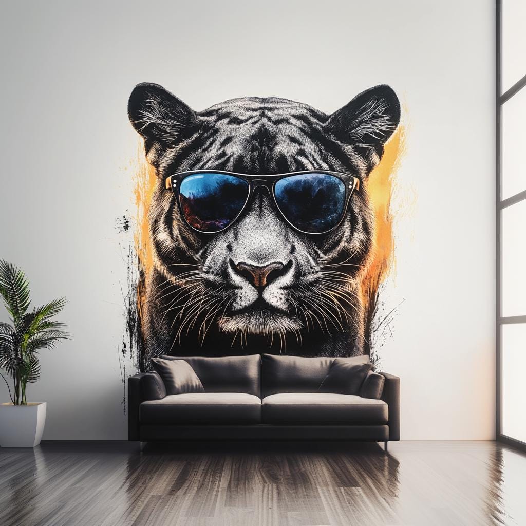 Black Panther Wall Decal | Cool Big Cat with Sunglasses Vinyl Mural | Urban Jungle Graffiti Wall Art | Modern Living Room Office Decor