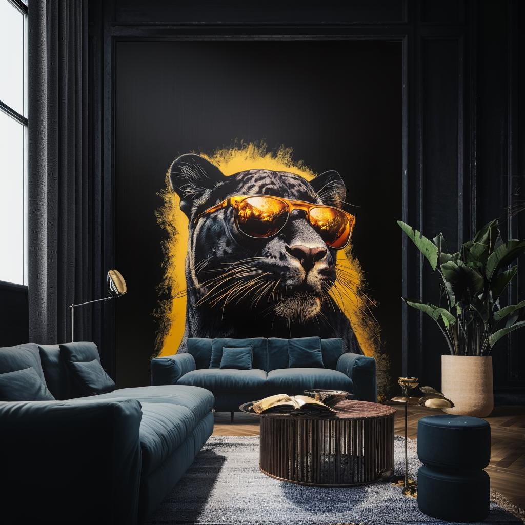 Hyper-realistic black panther wall decal with sunglasses in modern living room decor.
