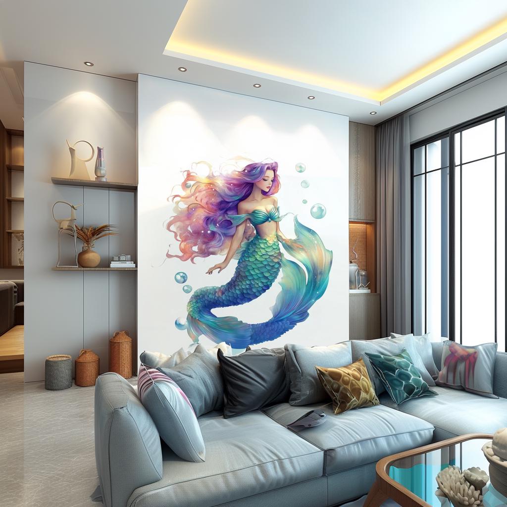 Colorful mermaid wall decal in a modern living room, creating a magical underwater theme.