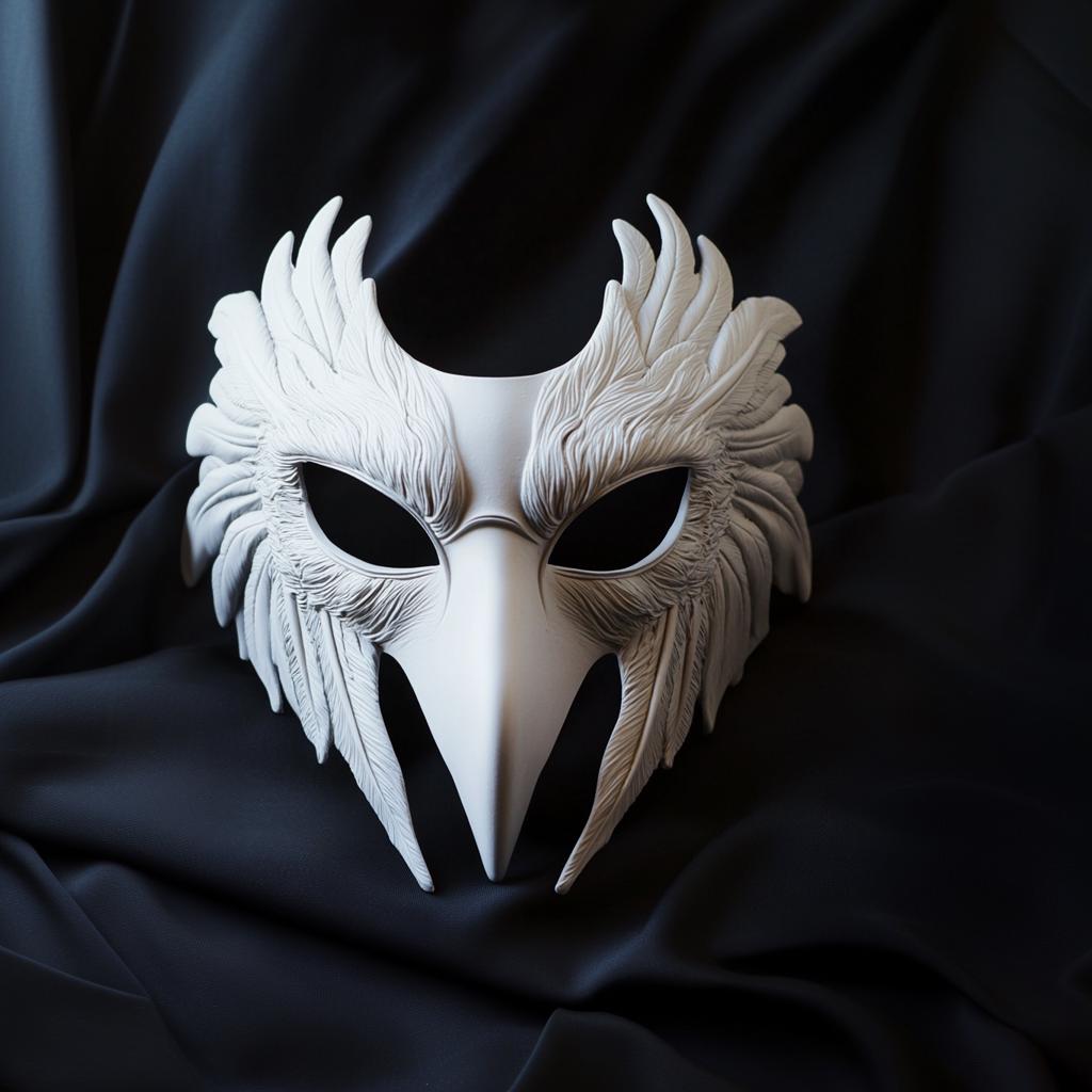 3D-printed bird mask with intricate feather details, perfect for cosplay and Halloween costumes on dark fabric background.