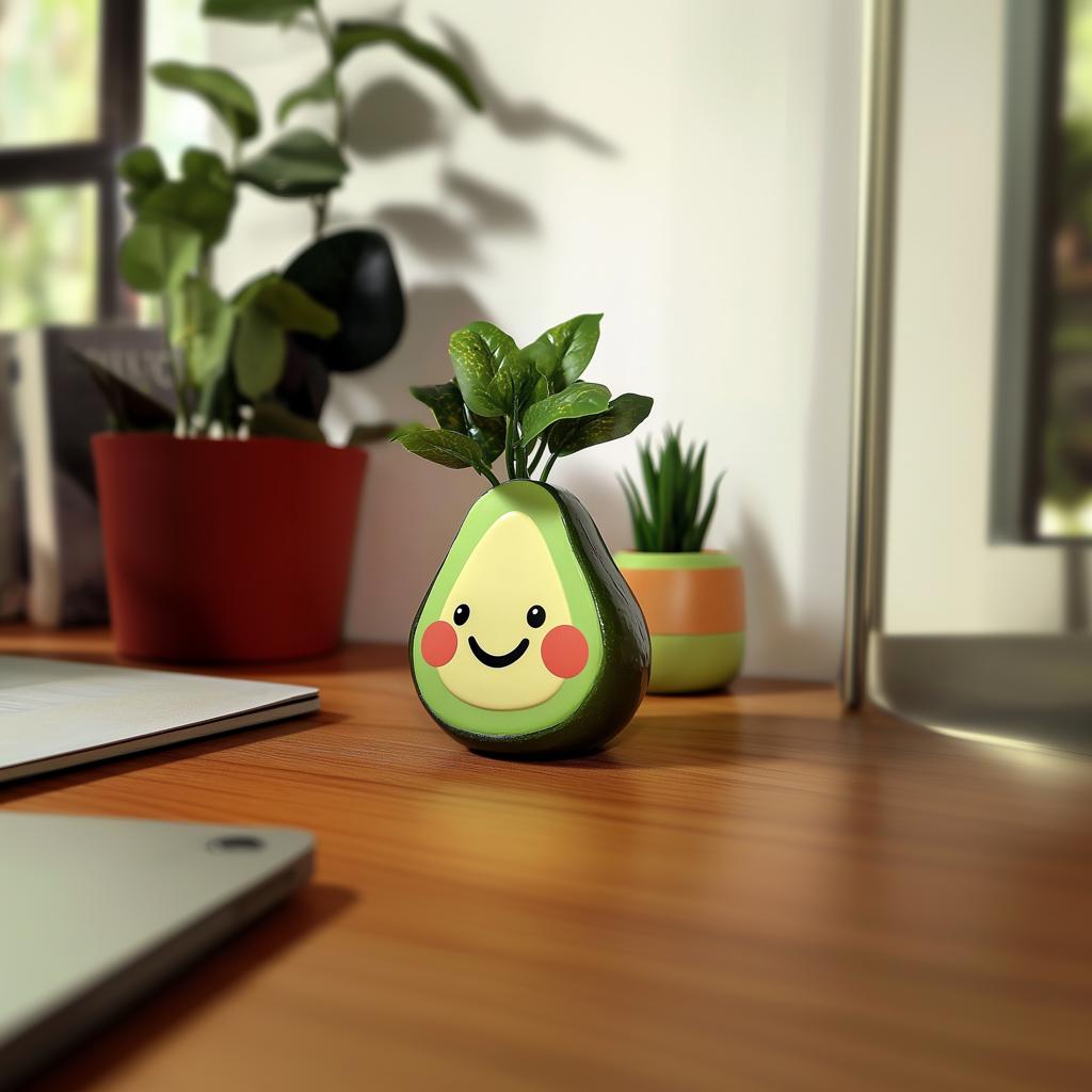 Cute avocado planter with smiley face, ideal for succulents, adds charm to home or office decor.