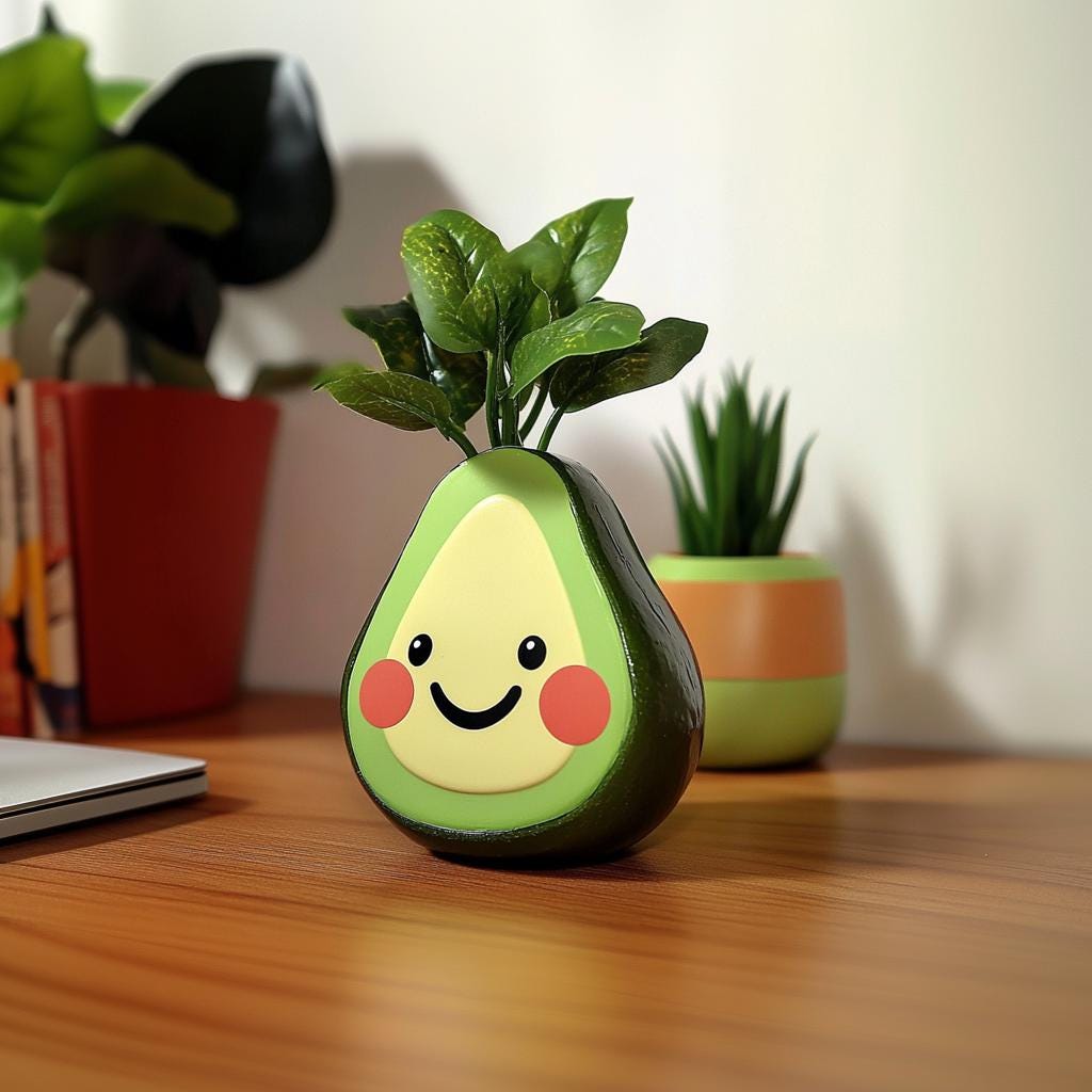 Cute avocado planter with smiley face, perfect for succulents and quirky home decor.