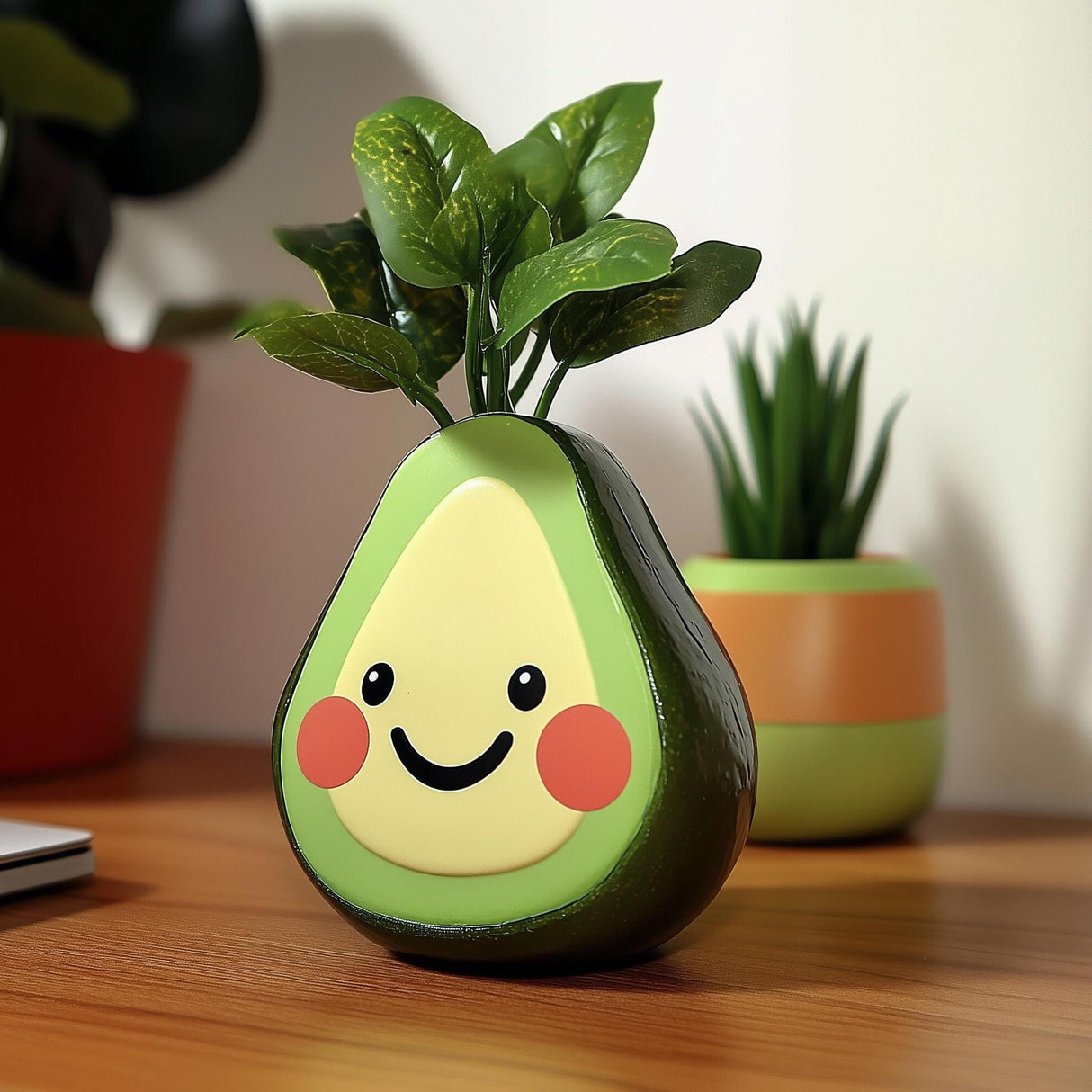 Cute avocado planter with smiley face, adding charm to any desk as a whimsical indoor succulent holder.