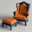 Baroque armchair and ottoman set, 1:12 scale miniature furniture, ornate carvings with orange upholstery.